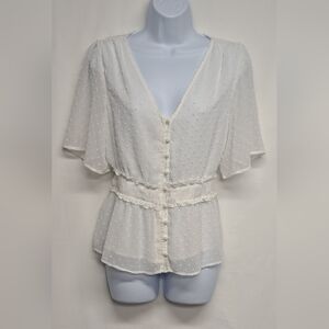 Alya M Semi Sheer Button Down Blouse Top Elastic Pleated Waist Knotted